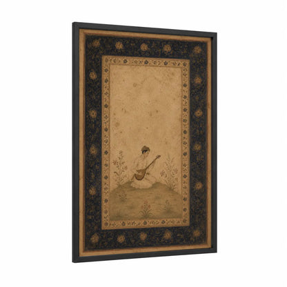 Persian Musician with Stringed Instrument Wall Art framed art print — black wood frame — beige and espresso palette