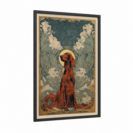 Crimson Setter Saint framed art print — black wood frame — red and gray palette