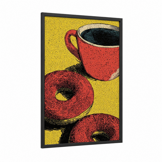 Morning Coffee & Donuts framed breakfast print — black wood frame — red and yellow palette
