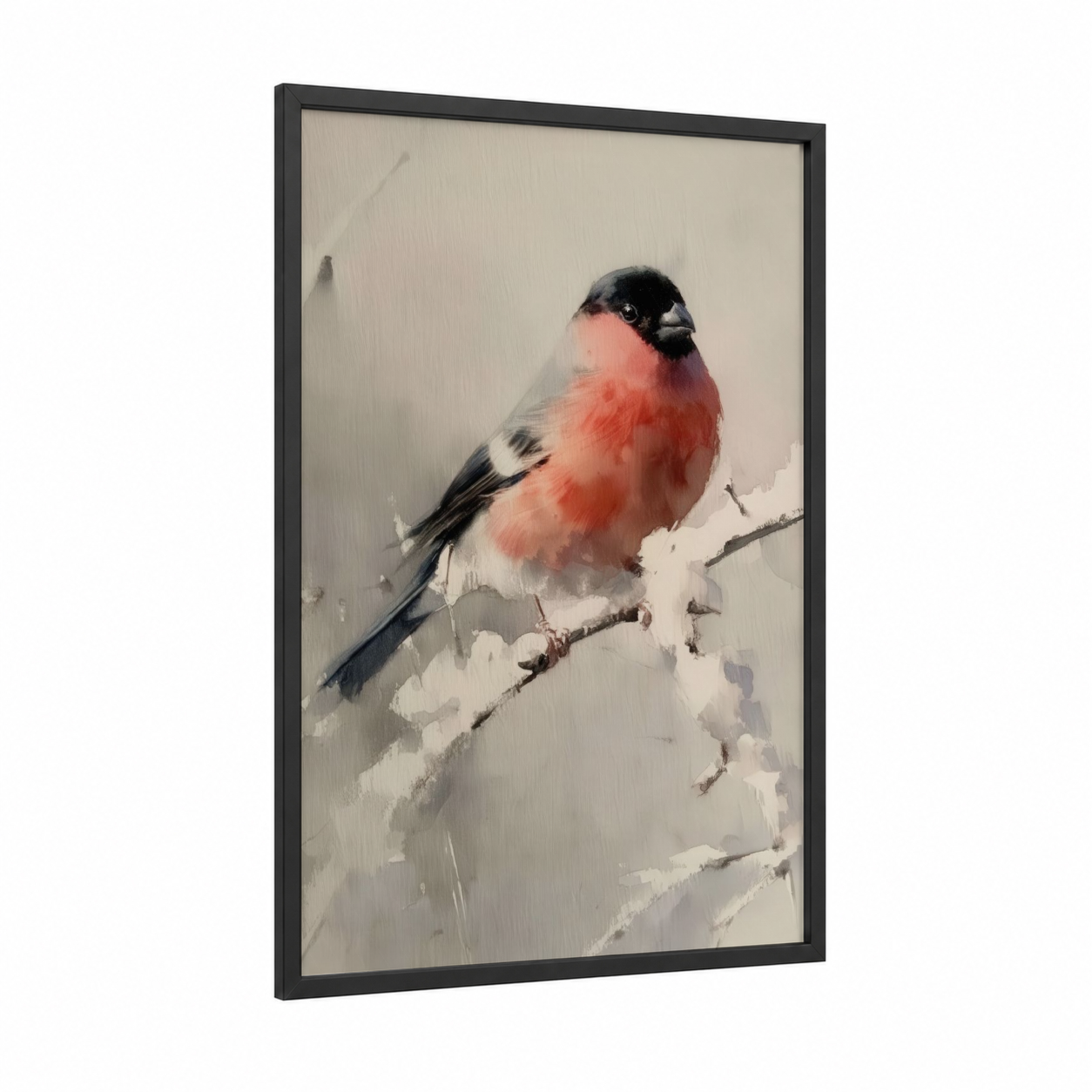 Snowy Finch framed art print — black wood frame — peach and gray palette