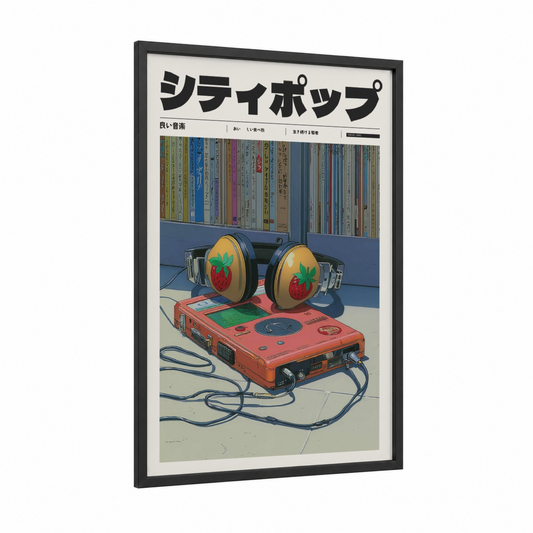 Strawberry Vibes framed anime and manga print — black wood frame — gold and red palette