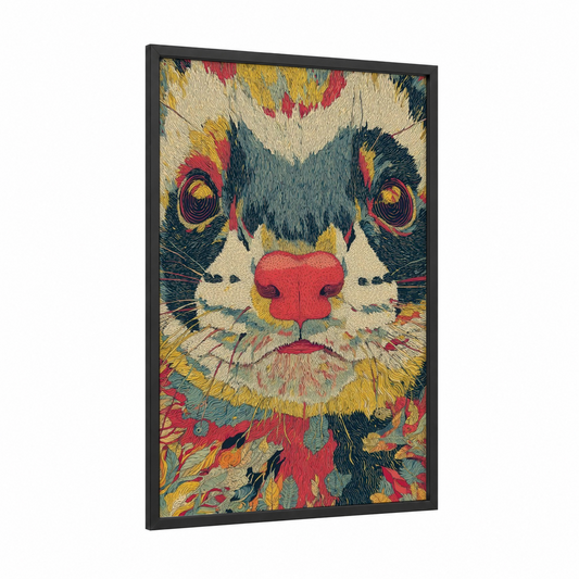 Colorful Weasel framed art print — black wood frame — red and gold palette