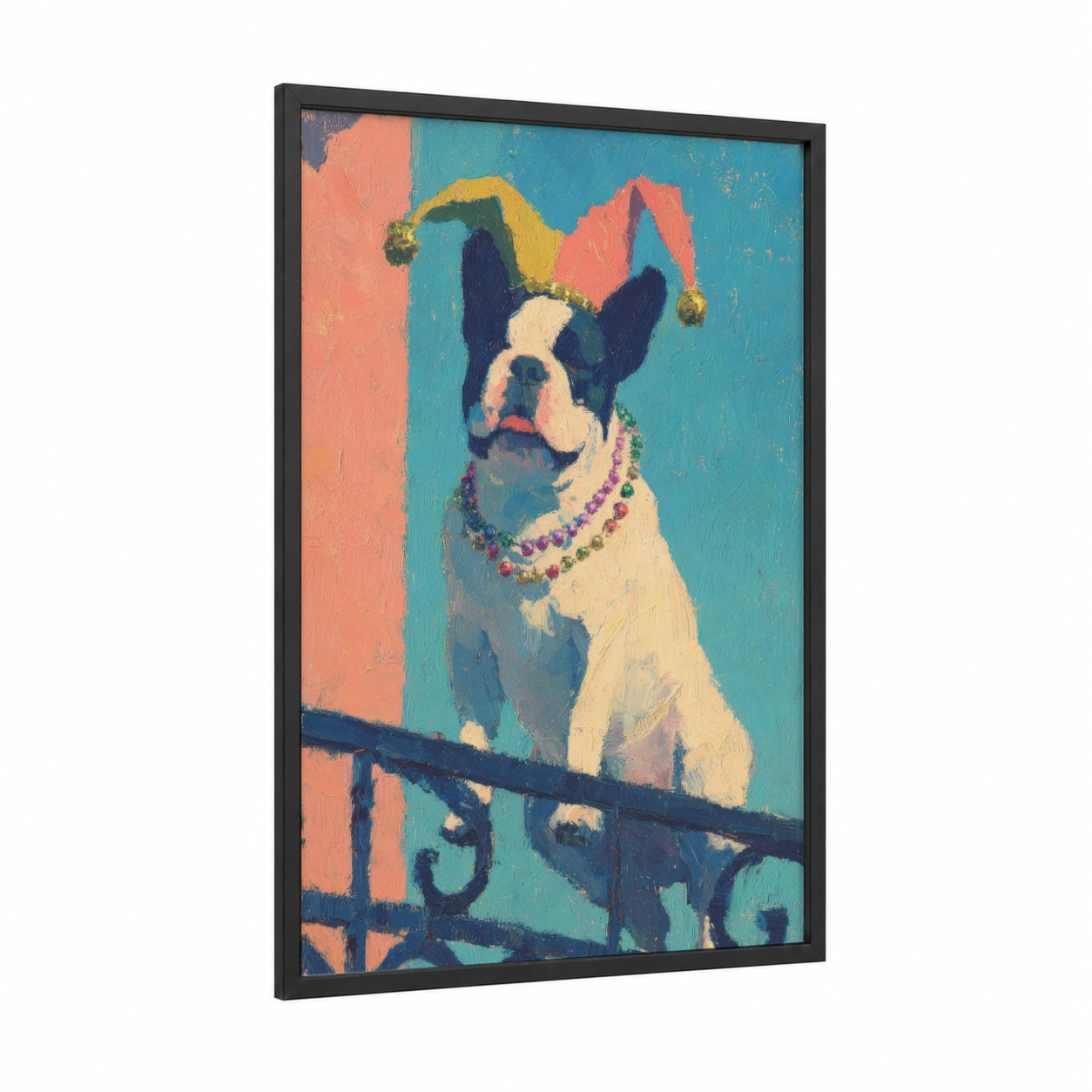 Festive French Bulldog framed mardi gras print — black wood frame — teal and salmon pink palette