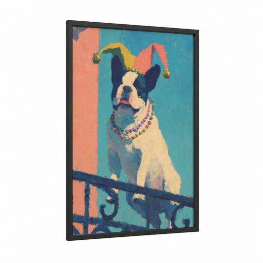 Festive French Bulldog framed mardi gras print — black wood frame — teal and salmon pink palette