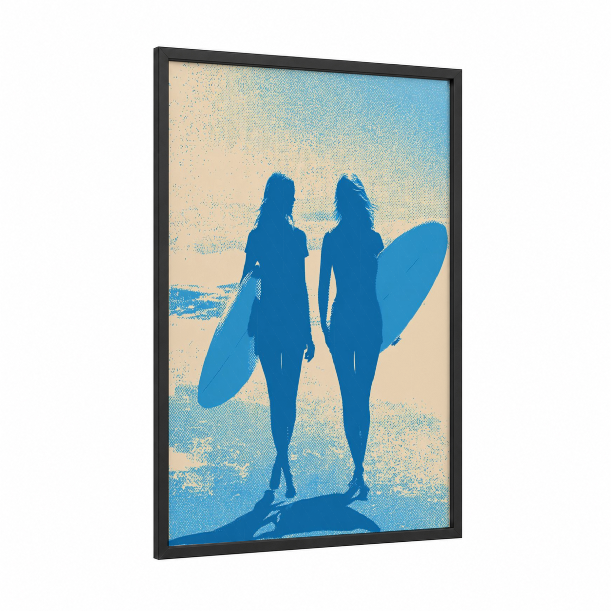 Surfer Silhouettes framed surfing print — black wood frame — blue and cream palette