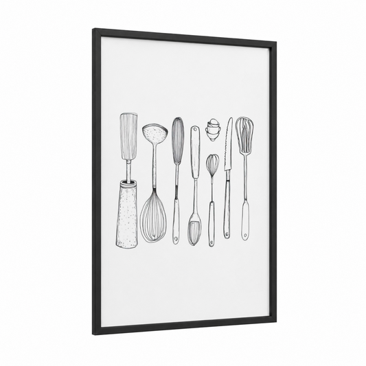 Vintage Kitchen Utensils framed art print — black wood frame — black and white palette