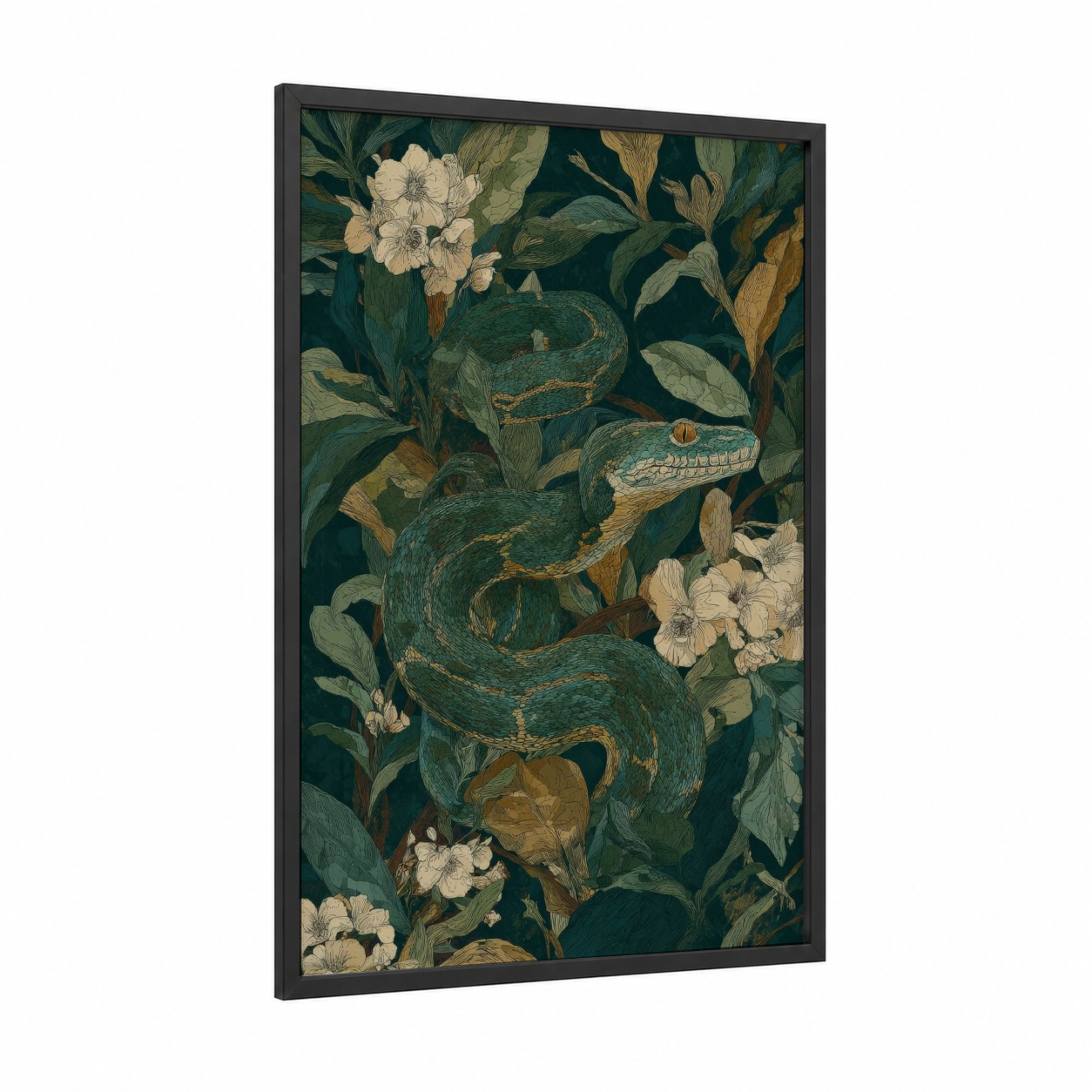Emerald Boa Garden framed boa constrictor print — black wood frame — dark green and gold palette
