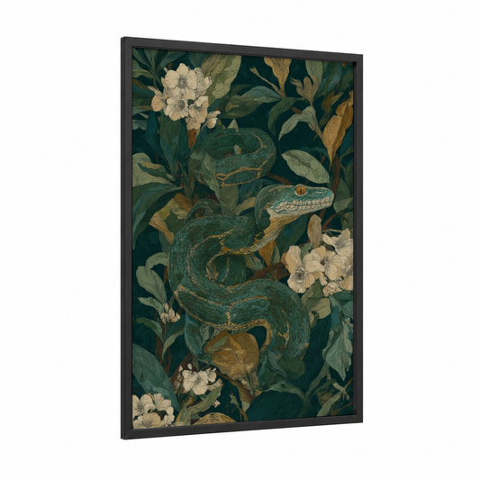 Emerald Boa Garden framed boa constrictor print — black wood frame — dark green and gold palette