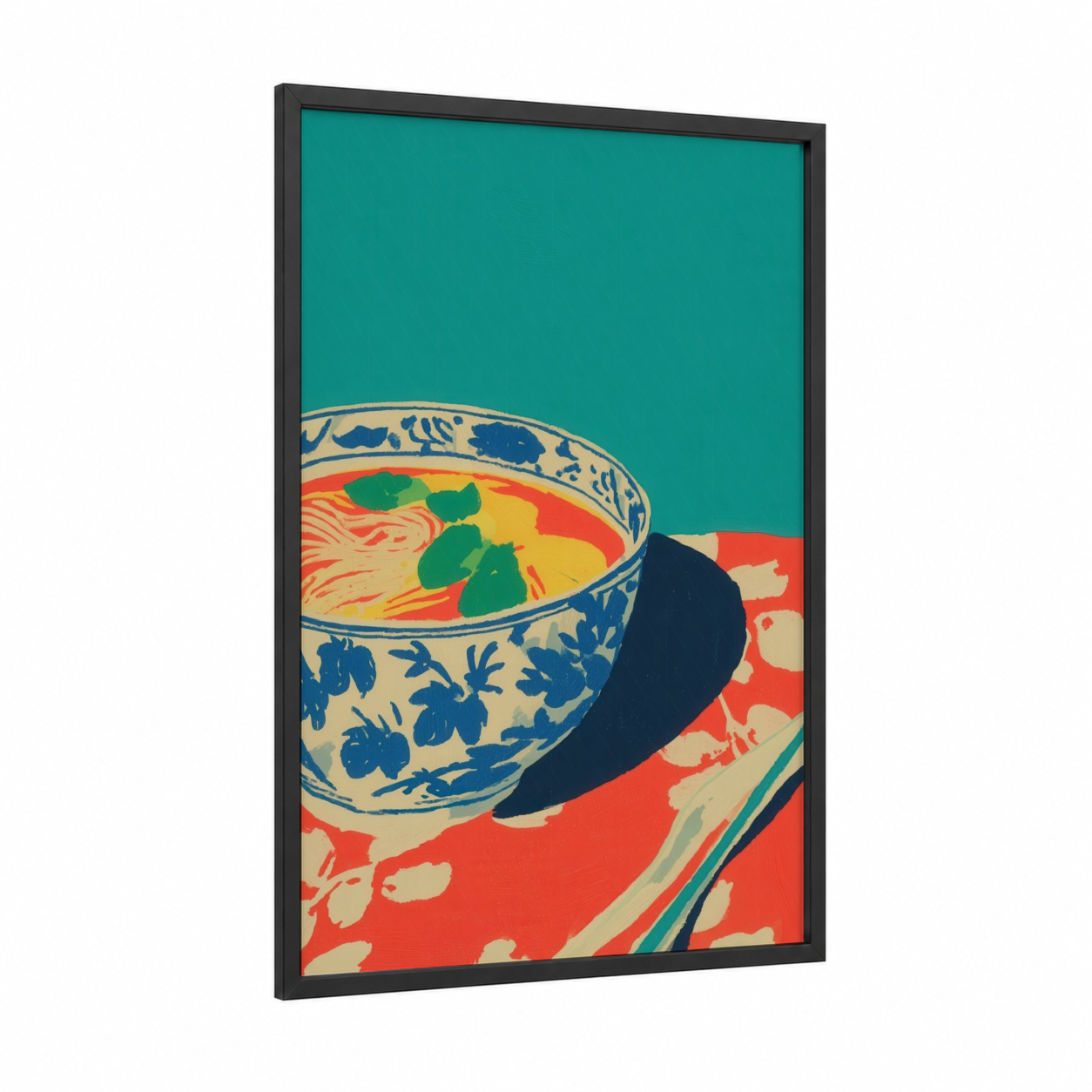 Spiced Noodle Bowl framed poultry print — black wood frame — teal and orange palette
