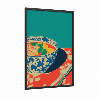 Spiced Noodle Bowl framed poultry print — black wood frame — teal and orange palette