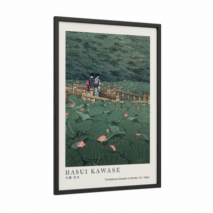 Lotus Pond Bridge framed art print — black wood frame — light green and rose gold palette