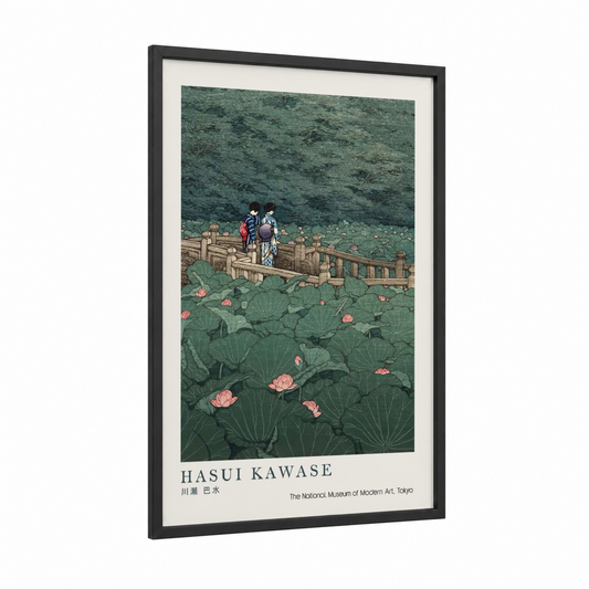 Lotus Pond Bridge framed art print — black wood frame — light green and rose gold palette