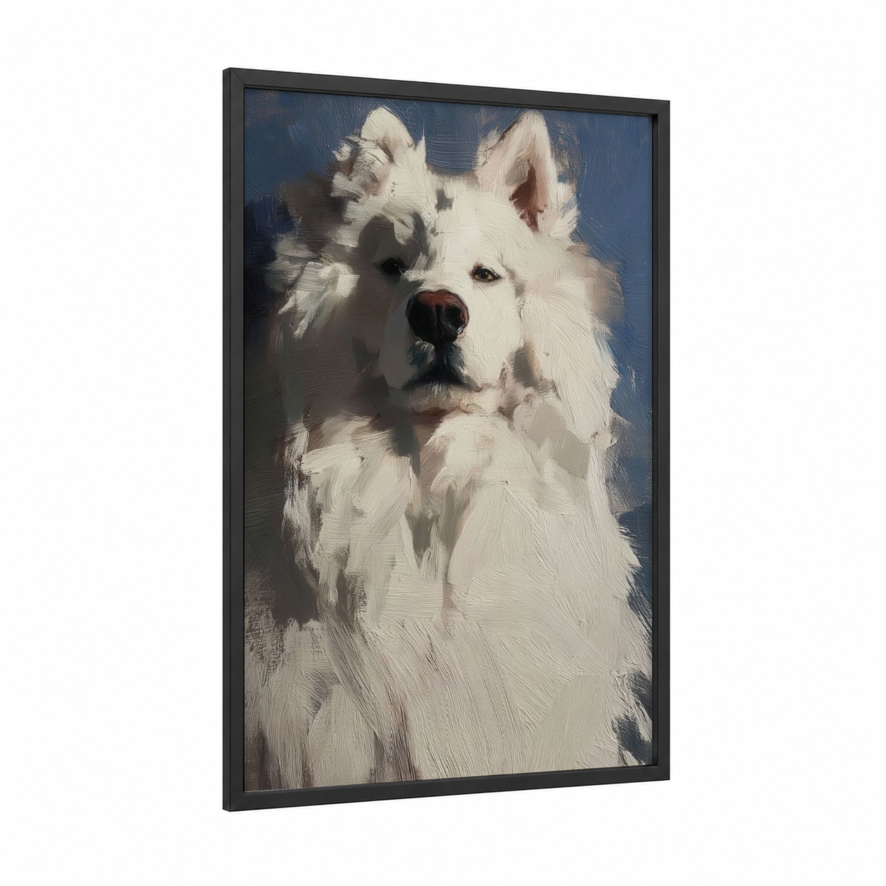 Snowy Spitz Portrait framed art print — black wood frame — white and blue and gray palette