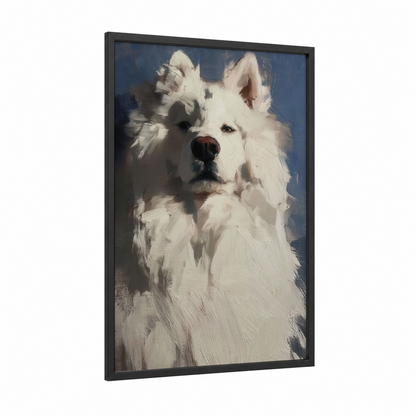 Snowy Spitz Portrait framed art print — black wood frame — white and blue and gray palette