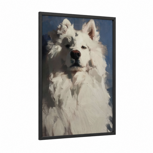 Snowy Spitz Portrait framed art print — black wood frame — white and blue and gray palette