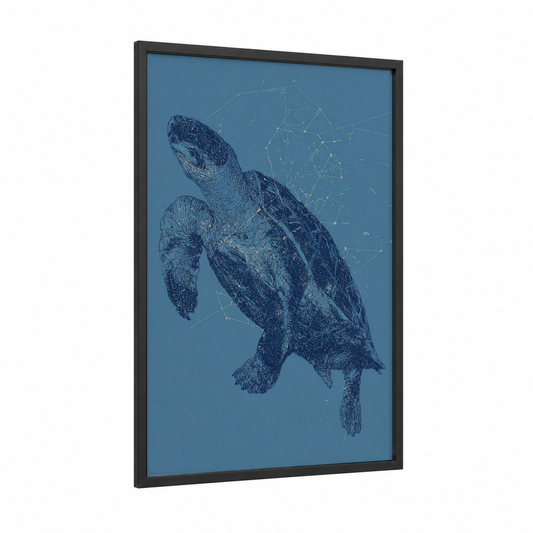 Digital Sea Turtle framed art print — black wood frame — blue and teal palette