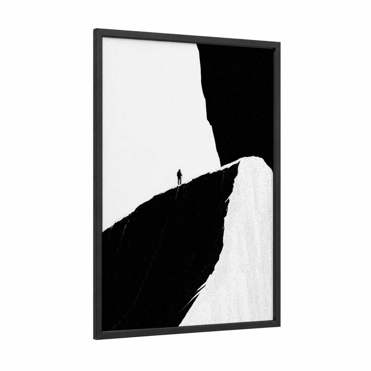 Solitary Climber framed ice climbing print — black wood frame — black and white palette