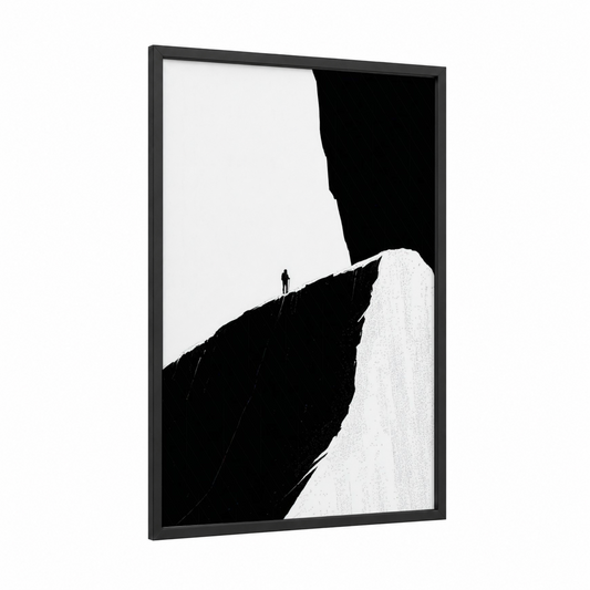 Solitary Climber framed ice climbing print — black wood frame — black and white palette