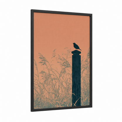 Sentinel Column framed columns print — black wood frame — peach and olive palette