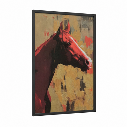 Crimson Quarter Horse framed art print — black wood frame — red and gold palette