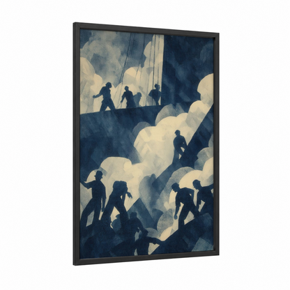 Ascending Workers framed labor day print — black wood frame — dark blue and cream palette