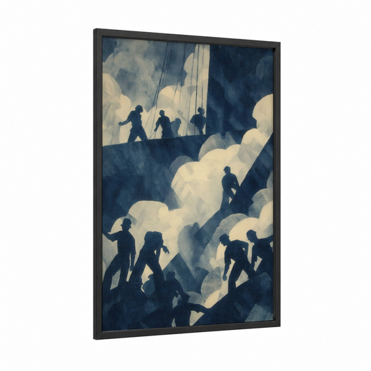 Ascending Workers framed labor day print — black wood frame — dark blue and cream palette