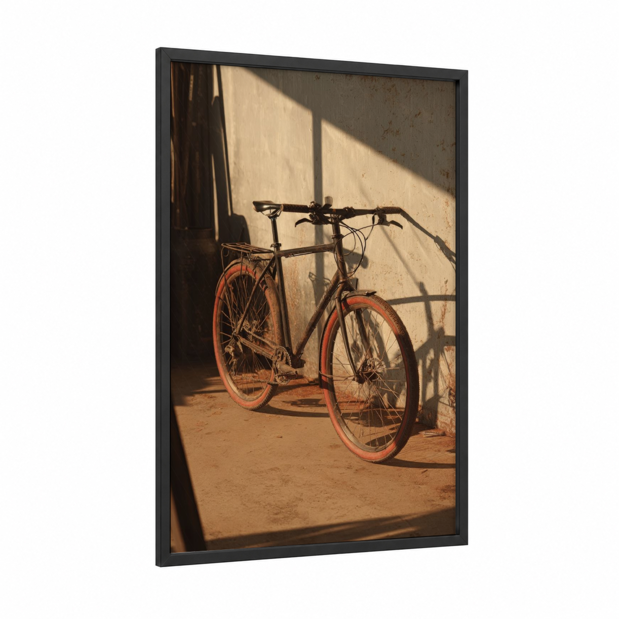 Rustic Urban Bicycle framed art print — black wood frame — russet and cream palette