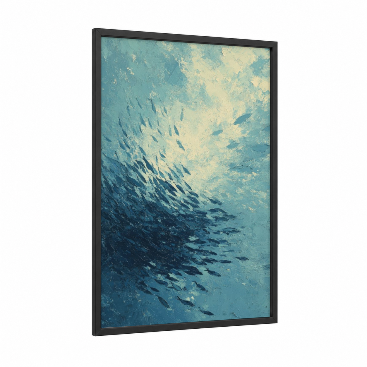 Underwater School framed snorkeling print — black wood frame — turquoise and cream palette