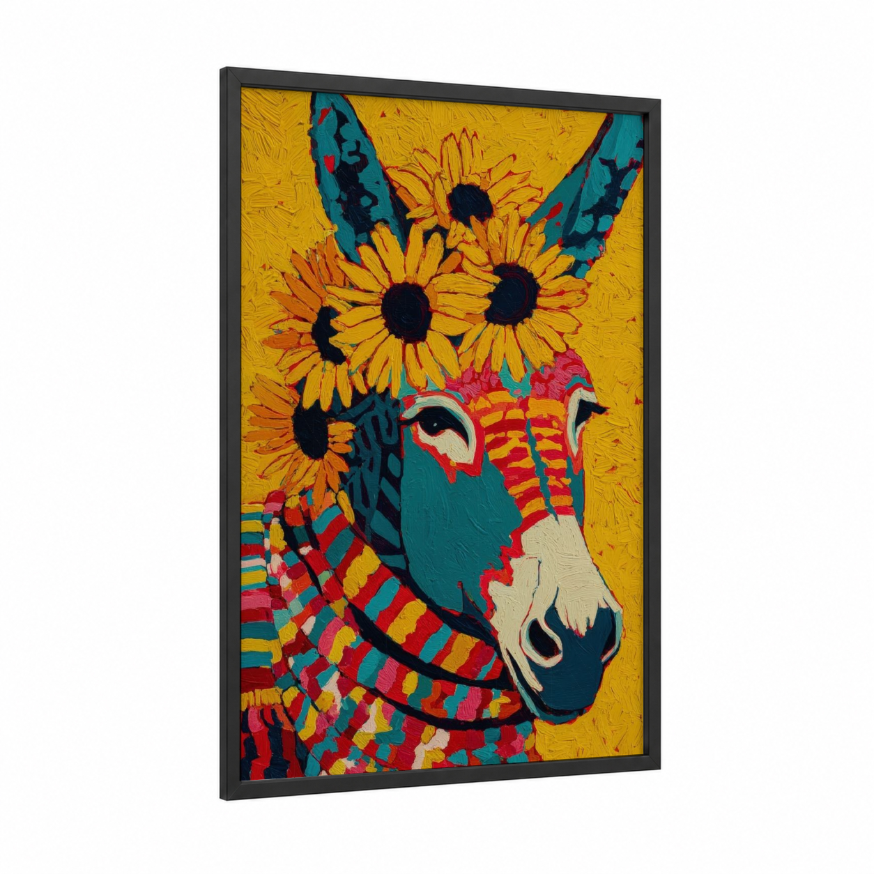 Sunflower Mule framed art print — black wood frame — gold and teal palette