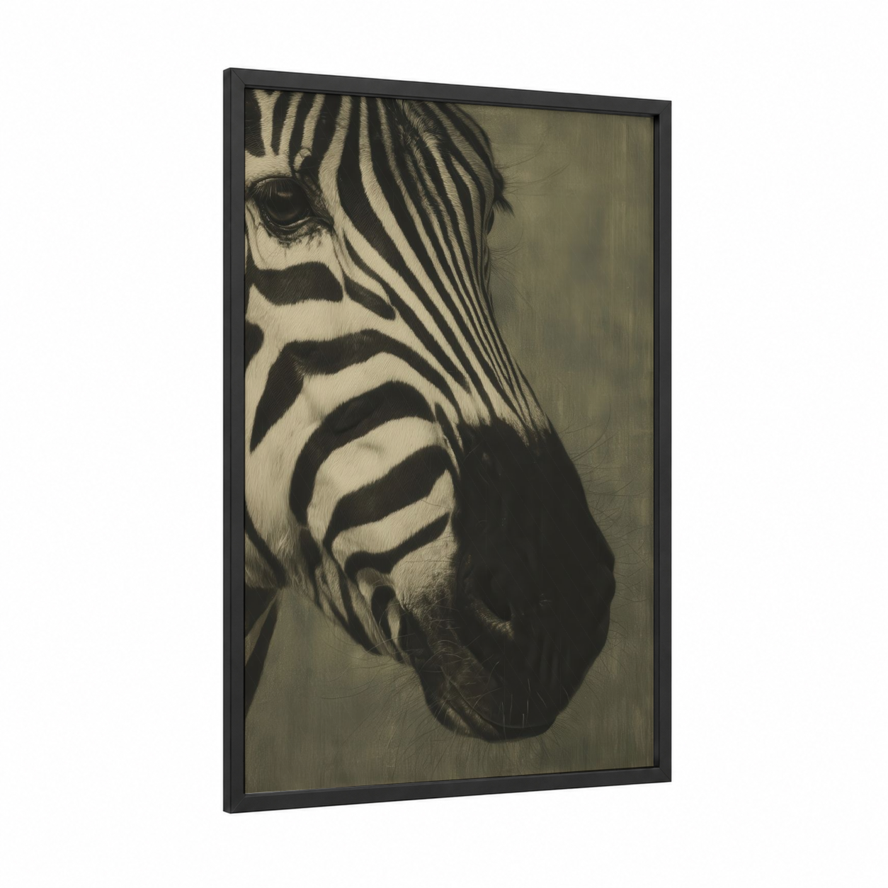 Gentle Zebra Portrait framed art print — black wood frame — beige and black and white palette