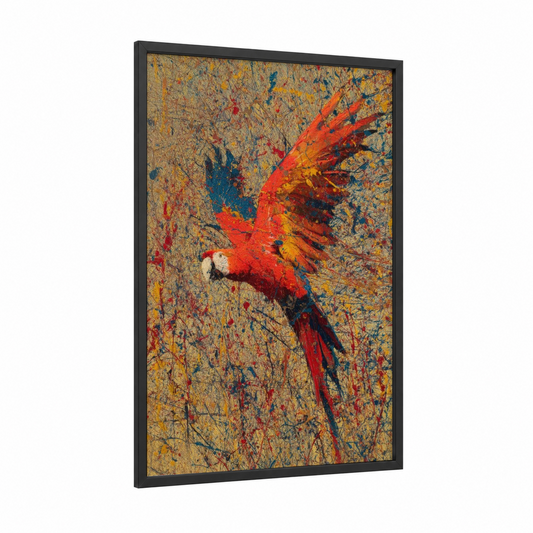 Scarlet Macaw framed safari parrots print — black wood frame — red and gold palette