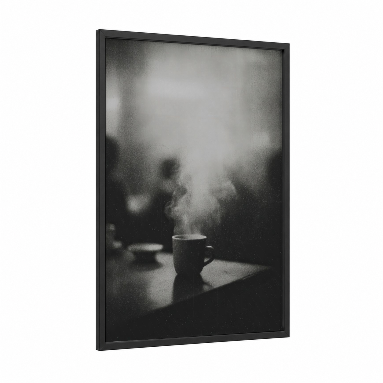 Steaming Morning Coffee framed art print — black wood frame — black and white and gray palette