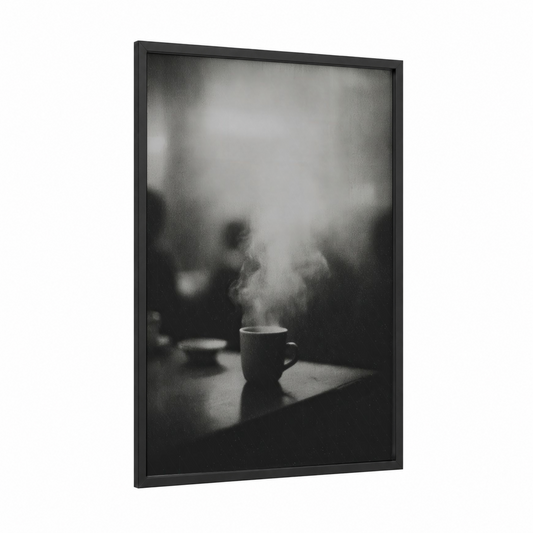Steaming Morning Coffee framed art print — black wood frame — black and white and gray palette