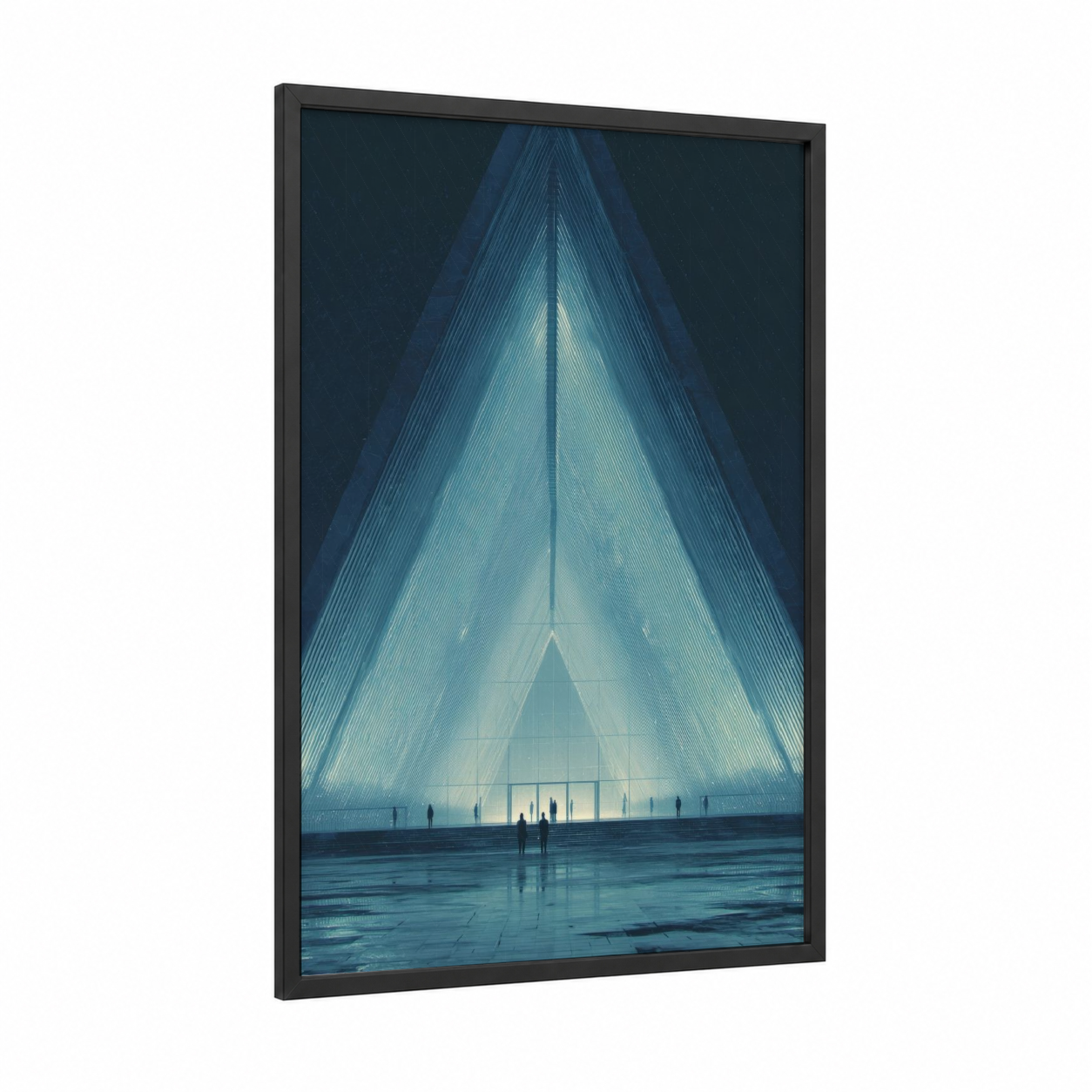 Ethereal Temple framed art print — black wood frame — blue and white palette