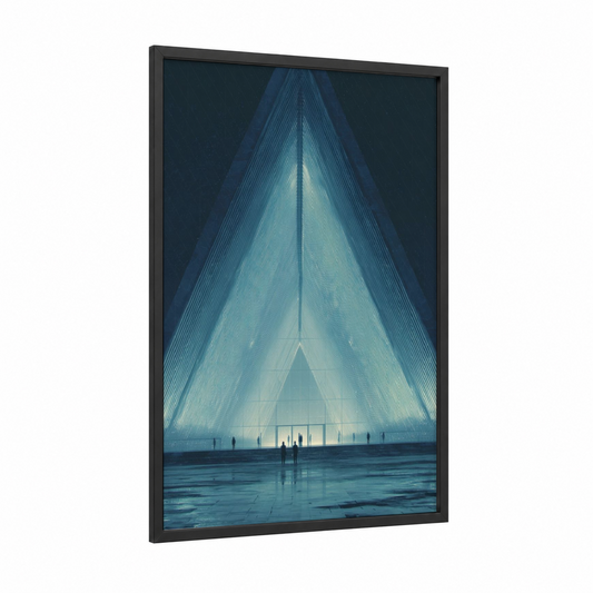 Ethereal Temple framed art print — black wood frame — blue and white palette