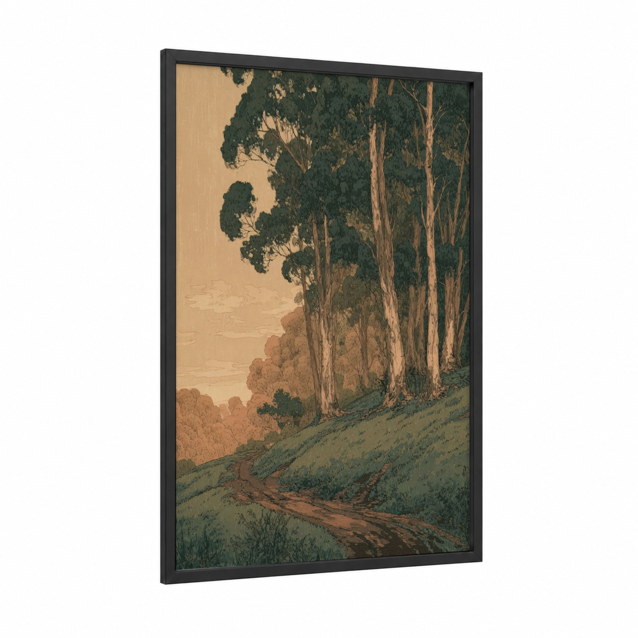 Eucalyptus Grove Dawn framed eucalyptus forest print — black wood frame — cream and dark green palette