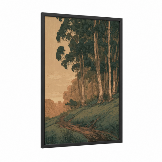 Eucalyptus Grove Dawn framed eucalyptus forest print — black wood frame — cream and dark green palette