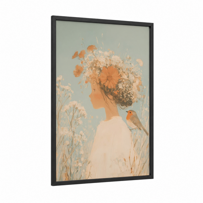 Wildflower Dreamer framed art for girl print — black wood frame — peach and sage green palette