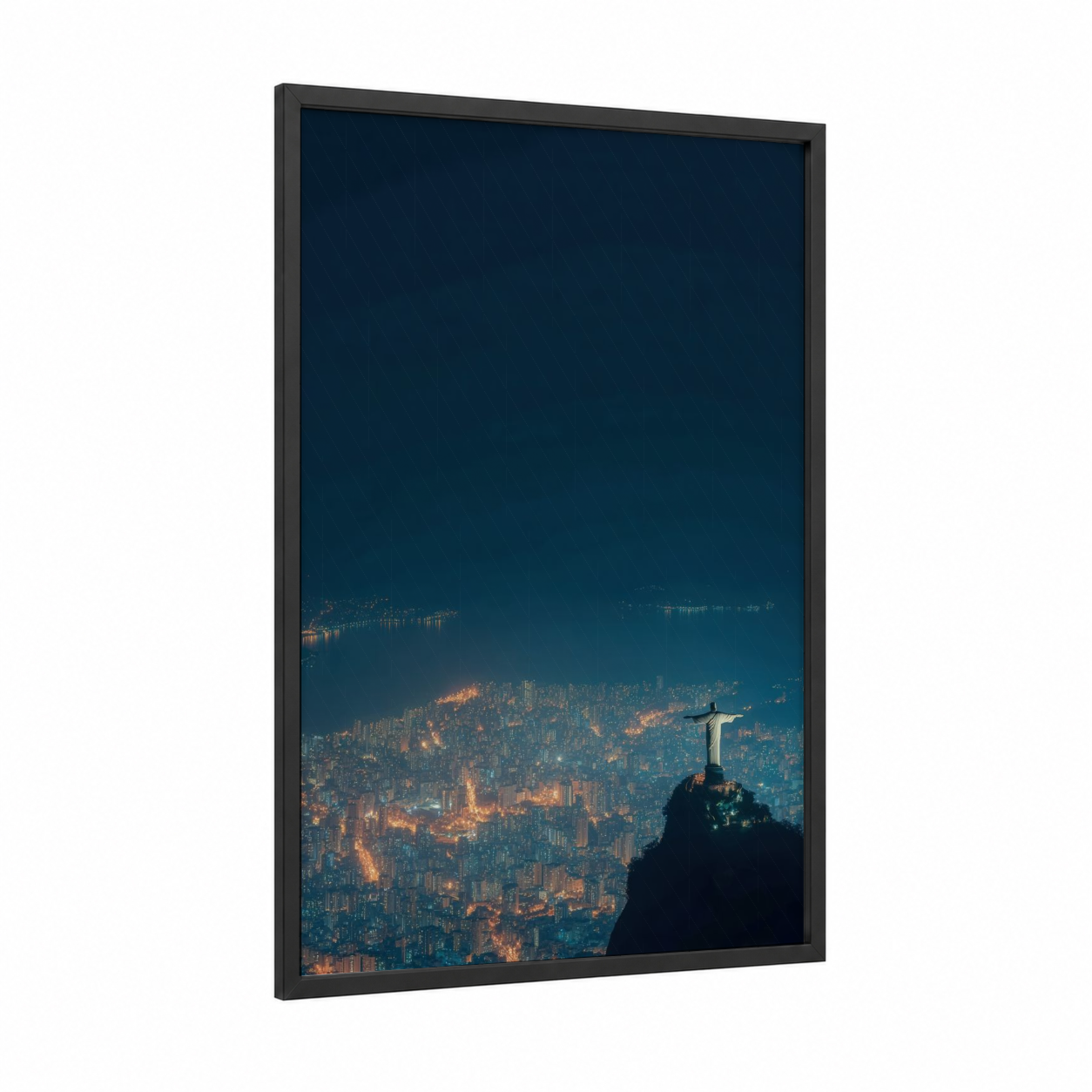 Rio Nights Monument framed monuments print — black wood frame — dark blue and gold palette