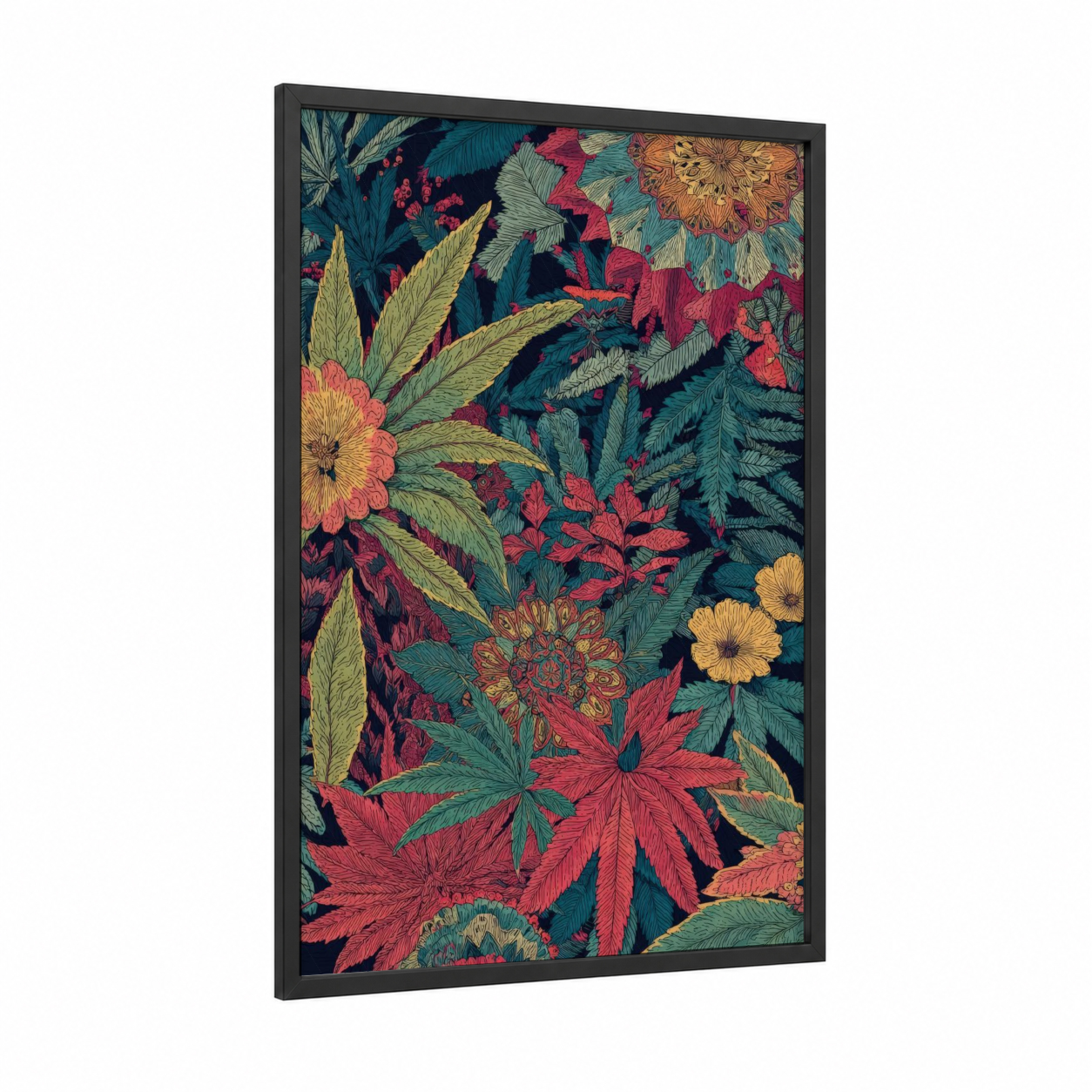 Botanical Cannabis Garden framed art print — black wood frame — teal and rose gold palette