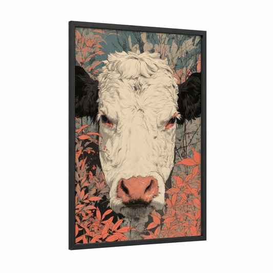 Cream Hereford framed hereford cow print — black wood frame — cream and russet palette