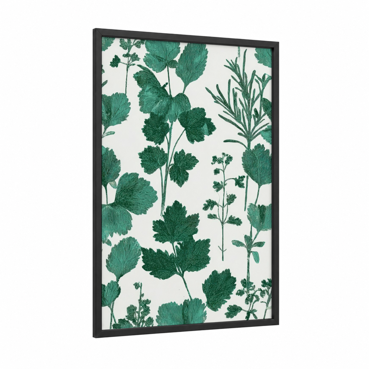 Botanical Herb Garden framed herbs print — black wood frame — green and white palette