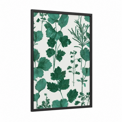 Botanical Herb Garden framed herbs print — black wood frame — green and white palette