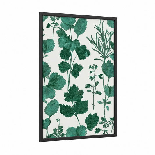Botanical Herb Garden framed herbs print — black wood frame — green and white palette