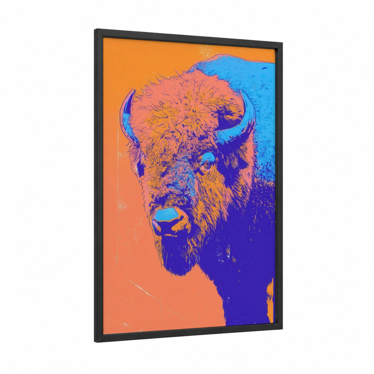 Neon Bison framed art print — black wood frame — orange and blue palette