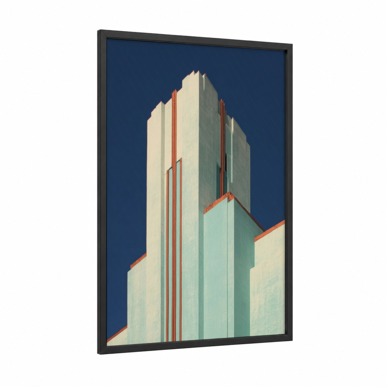 Retro Tower framed towers print — black wood frame — dark blue and cream palette