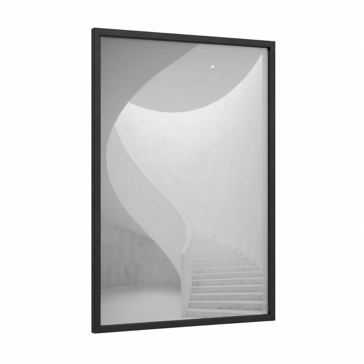 Spiral Staircase framed art print — black wood frame — white and gray palette