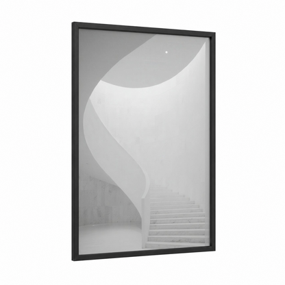 Spiral Staircase framed art print — black wood frame — white and gray palette