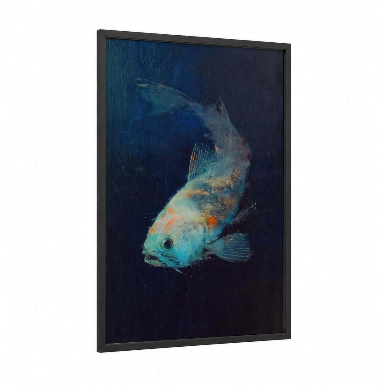 Celestial Dragon Fish framed art print — black wood frame — dark blue and gold palette