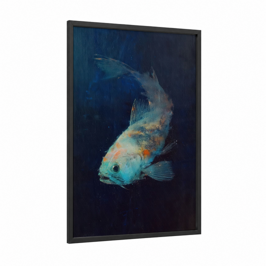 Celestial Dragon Fish framed art print — black wood frame — dark blue and gold palette